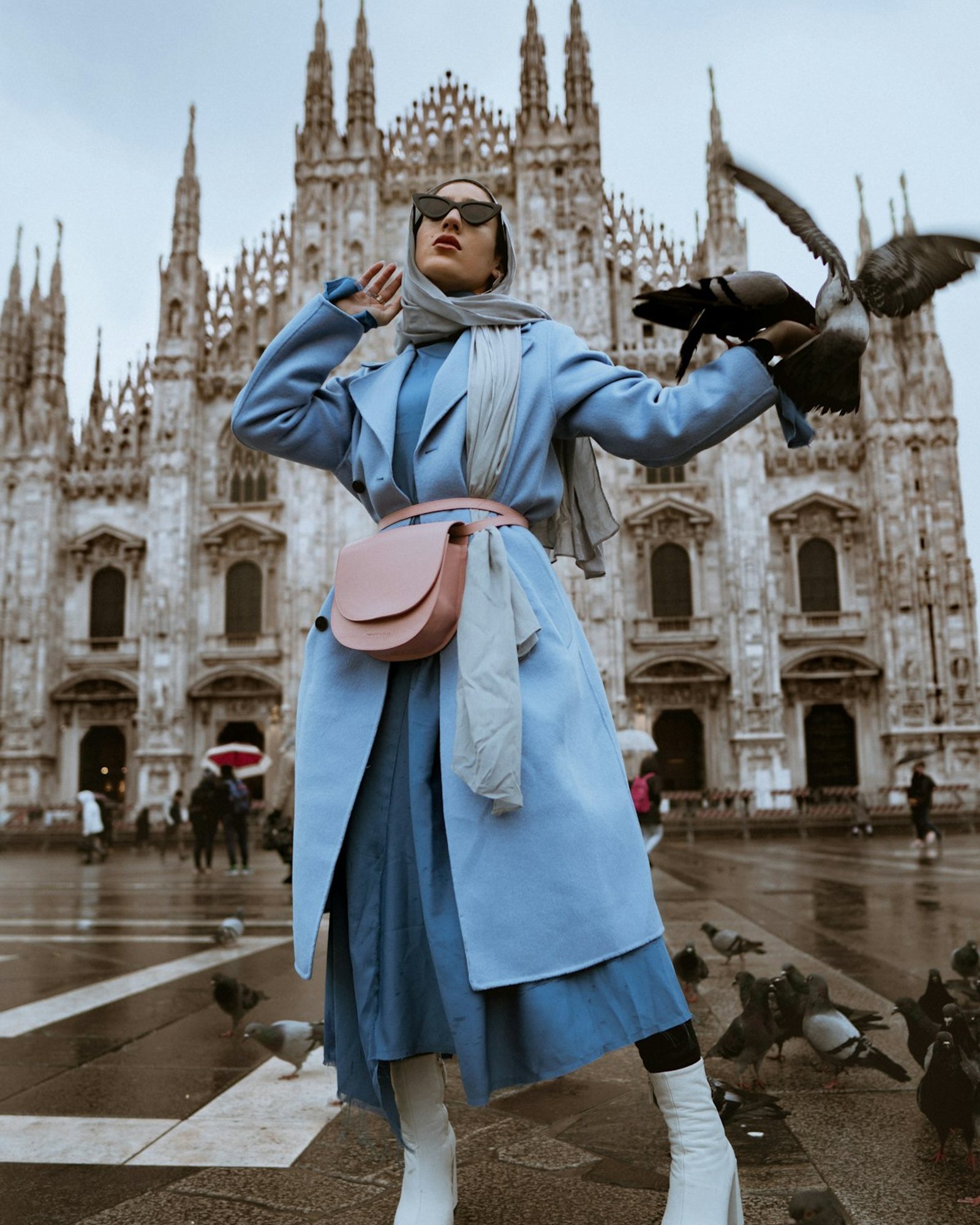Model wearing the Azure Trench in washed blue